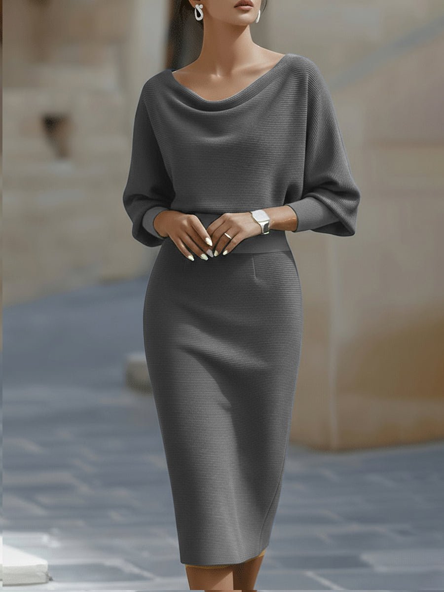 Celina - Women's Cowl Neck Bodycon Midi Dress with Batwing Sleeves