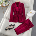 Cordelia - Women's Pleated Velvet Blazer and Tapered Pant Set