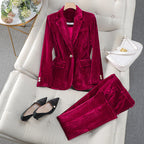 Cordelia - Women's Pleated Velvet Blazer and Tapered Pant Set