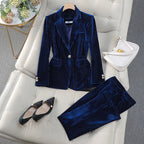 Cordelia - Women's Pleated Velvet Blazer and Tapered Pant Set