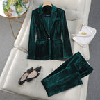 Cordelia - Women's Pleated Velvet Blazer and Tapered Pant Set