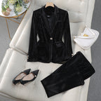 Cordelia - Women's Pleated Velvet Blazer and Tapered Pant Set