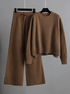 Cordelia - Women's Ribbed Crewneck Sweater and Wide-Leg Knit Pants Set