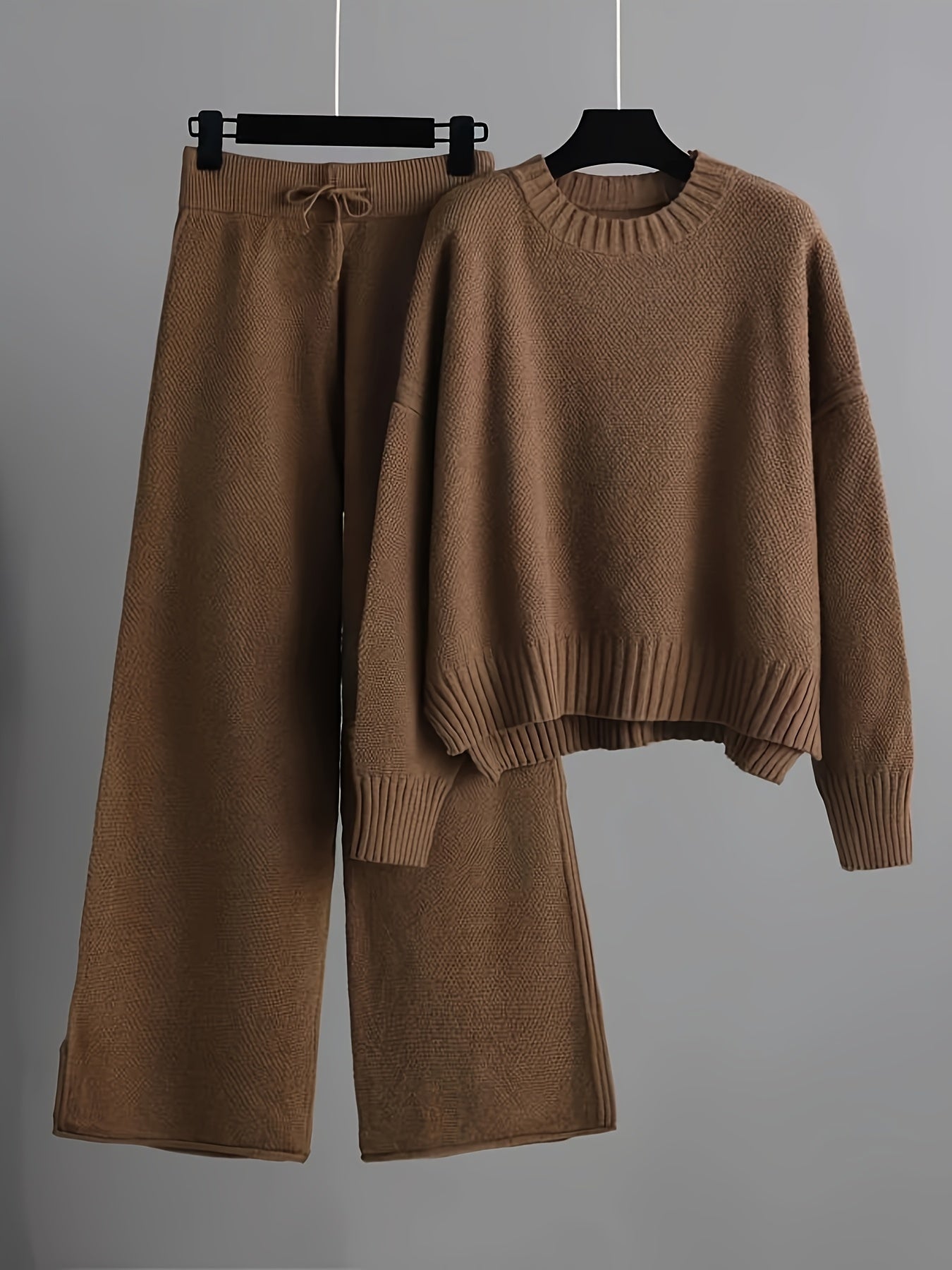 Cordelia - Women's Ribbed Crewneck Sweater and Wide-Leg Knit Pants Set