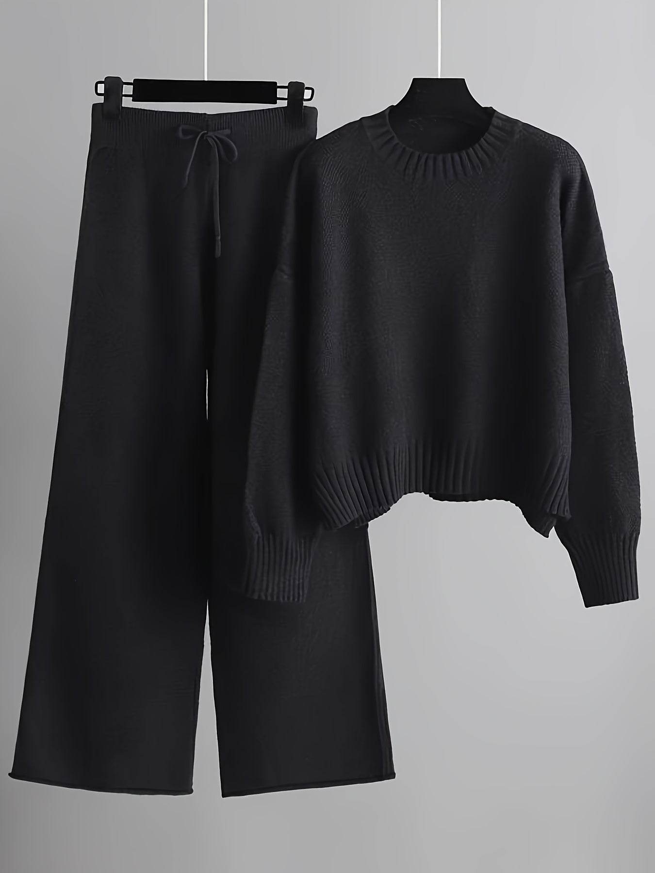 Cordelia - Women's Ribbed Crewneck Sweater and Wide-Leg Knit Pants Set