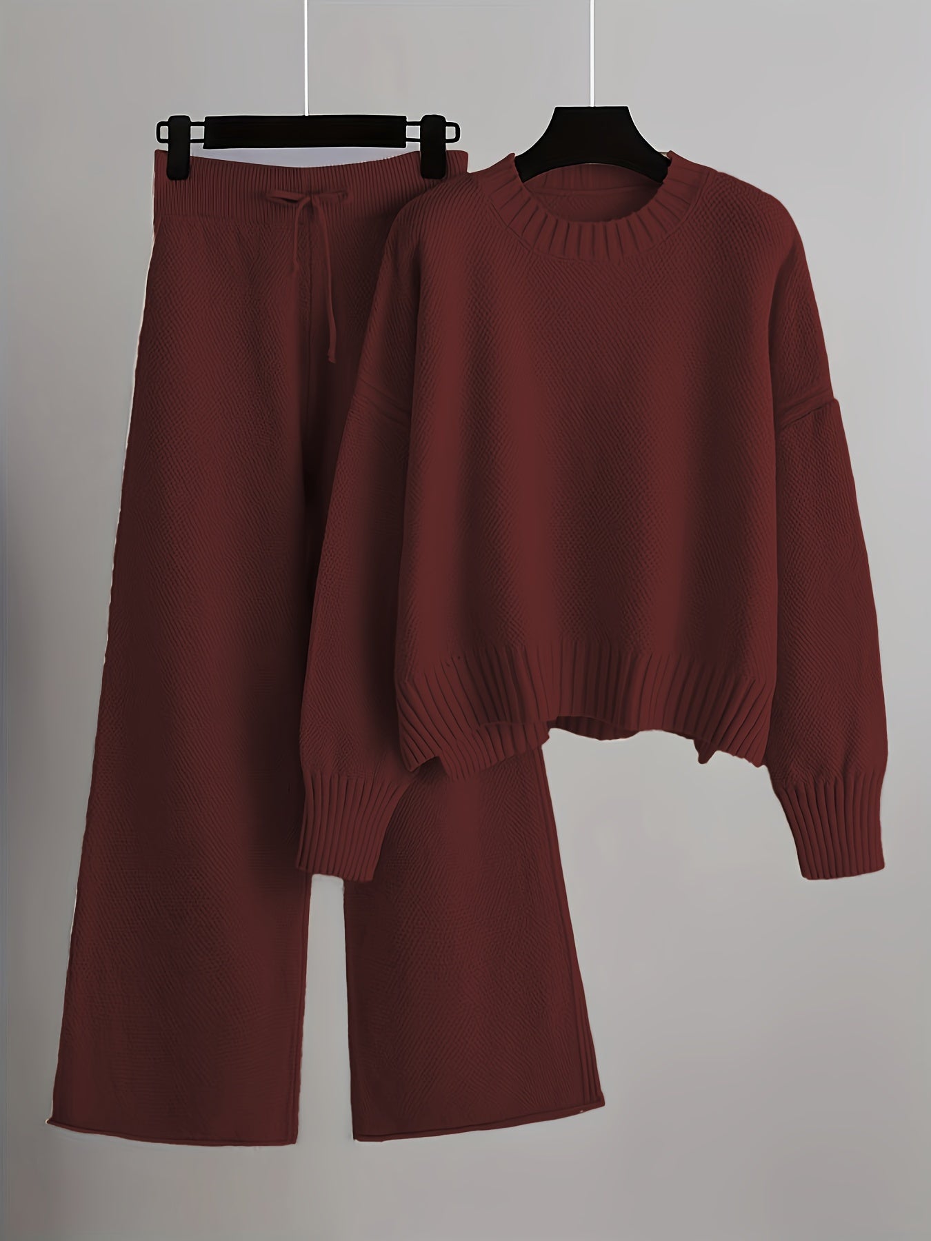 Cordelia - Women's Ribbed Crewneck Sweater and Wide-Leg Knit Pants Set