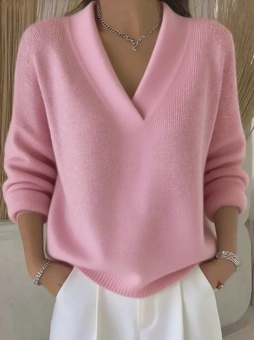 Cordelia - Women's Ribbed V-Neck Sweater in Soft Pink