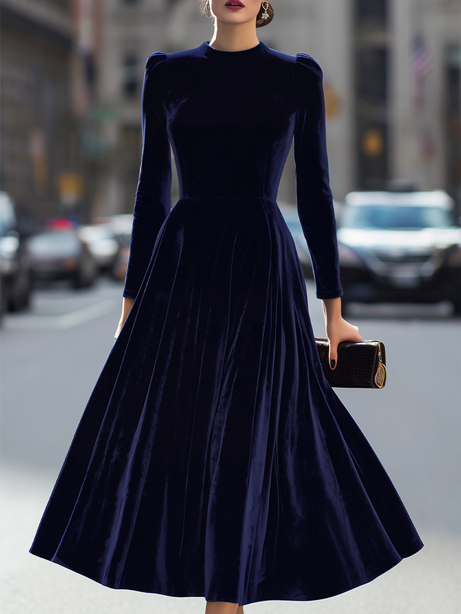 Cordula - Women's Velvet Long-Sleeve A-Line Midi Dress