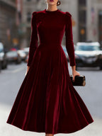 Cordula - Women's Velvet Long-Sleeve A-Line Midi Dress
