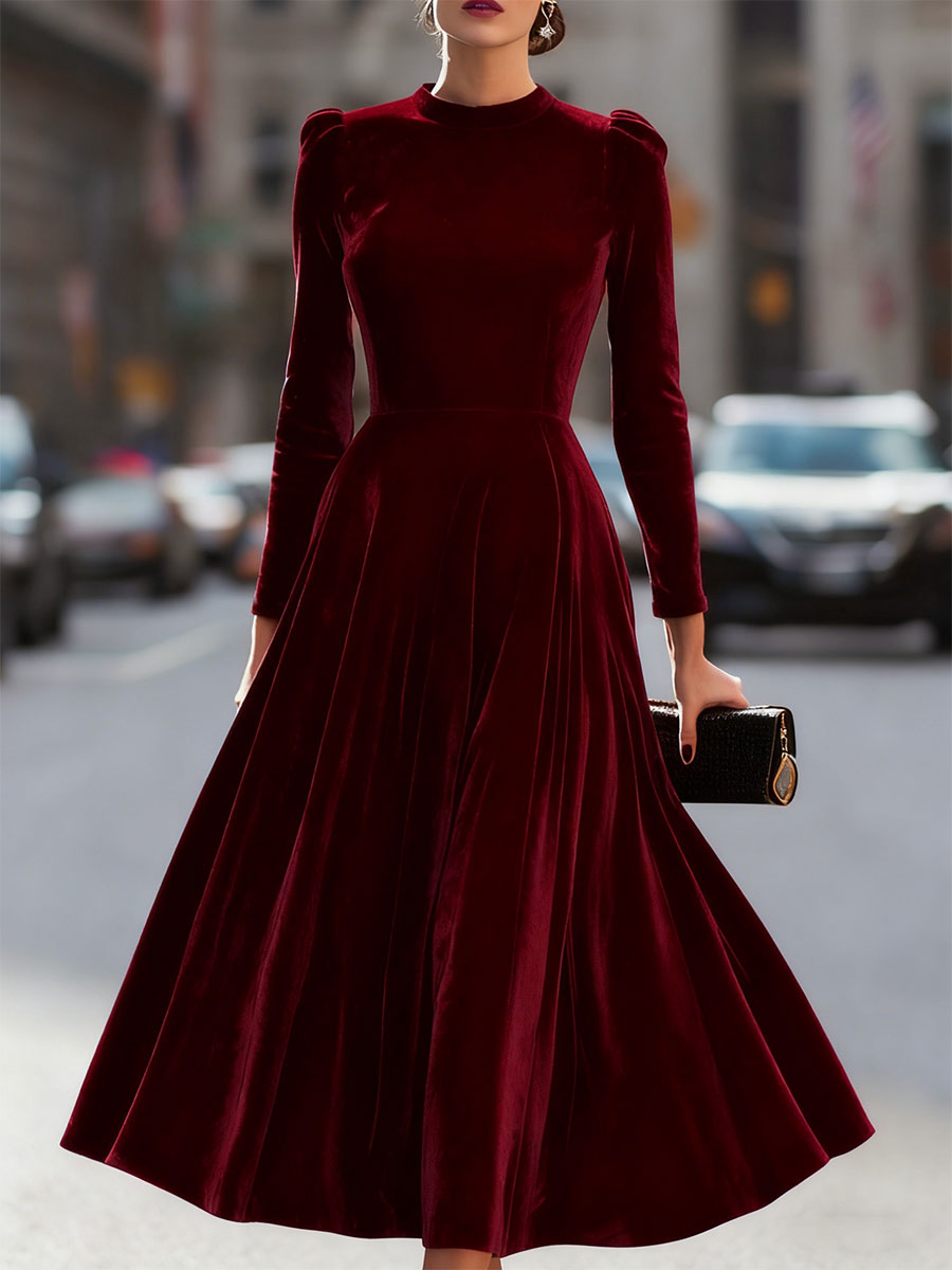 Cordula - Women's Velvet Long-Sleeve A-Line Midi Dress