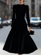 Cordula - Women's Velvet Long-Sleeve A-Line Midi Dress