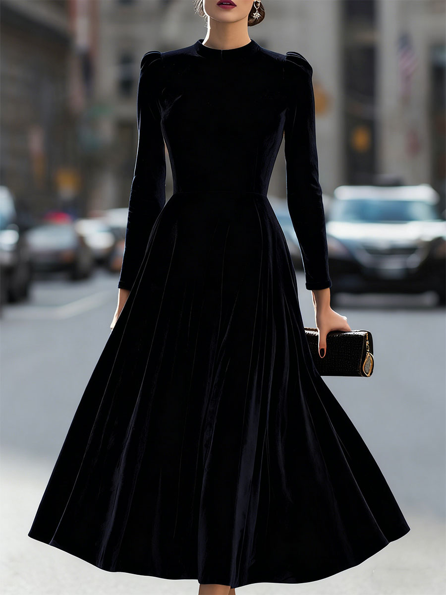 Cordula - Women's Velvet Long-Sleeve A-Line Midi Dress