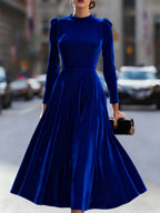 Cordula - Women's Velvet Long-Sleeve A-Line Midi Dress