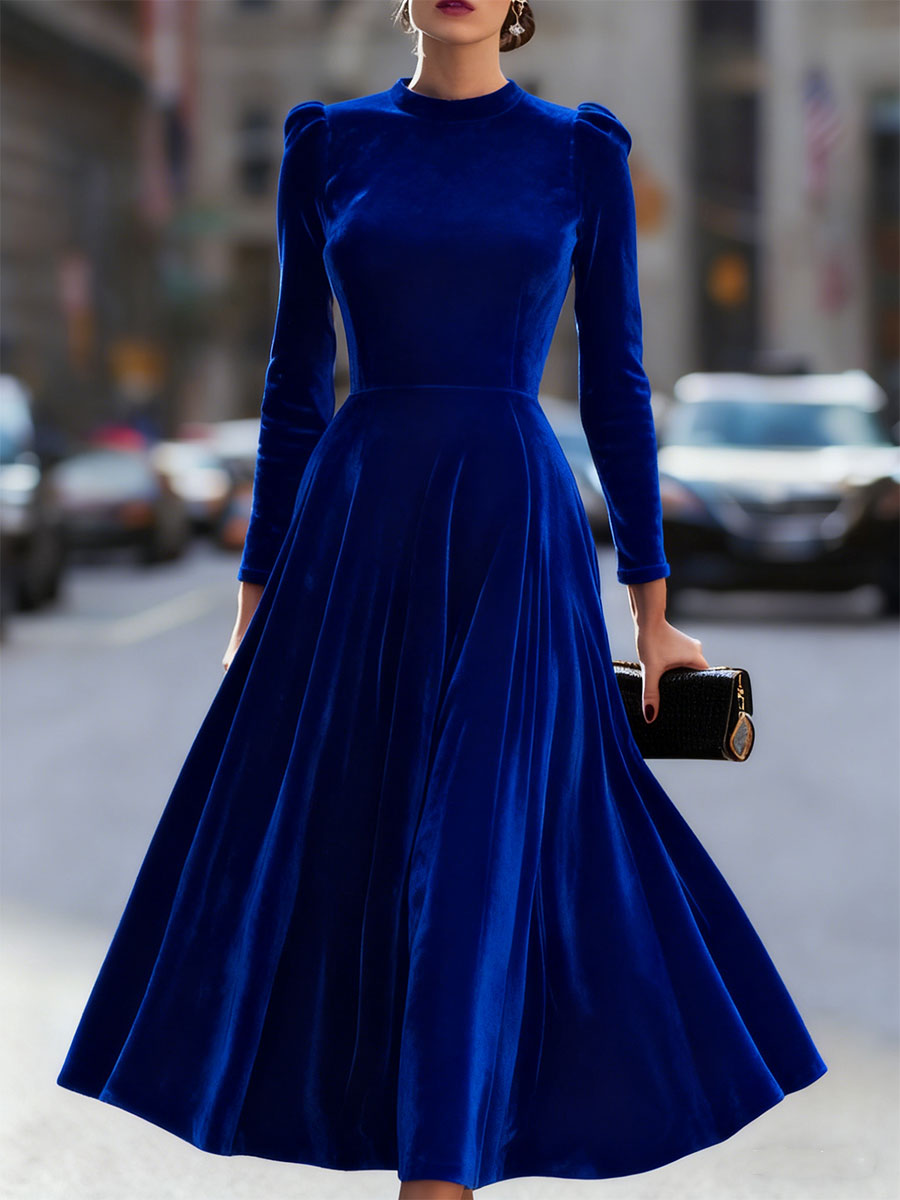 Cordula - Women's Velvet Long-Sleeve A-Line Midi Dress