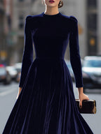 Cordula - Women's Velvet Long-Sleeve A-Line Midi Dress