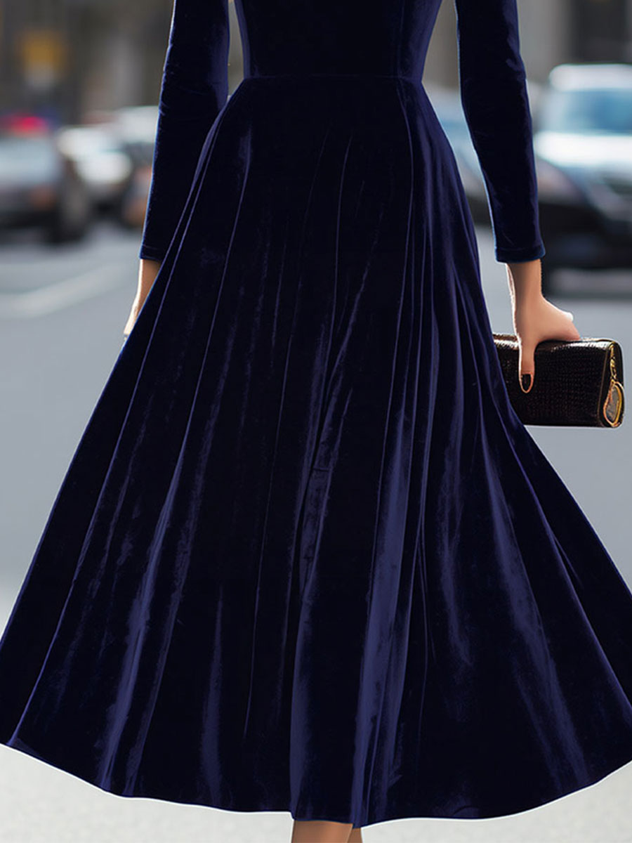 Cordula - Women's Velvet Long-Sleeve A-Line Midi Dress