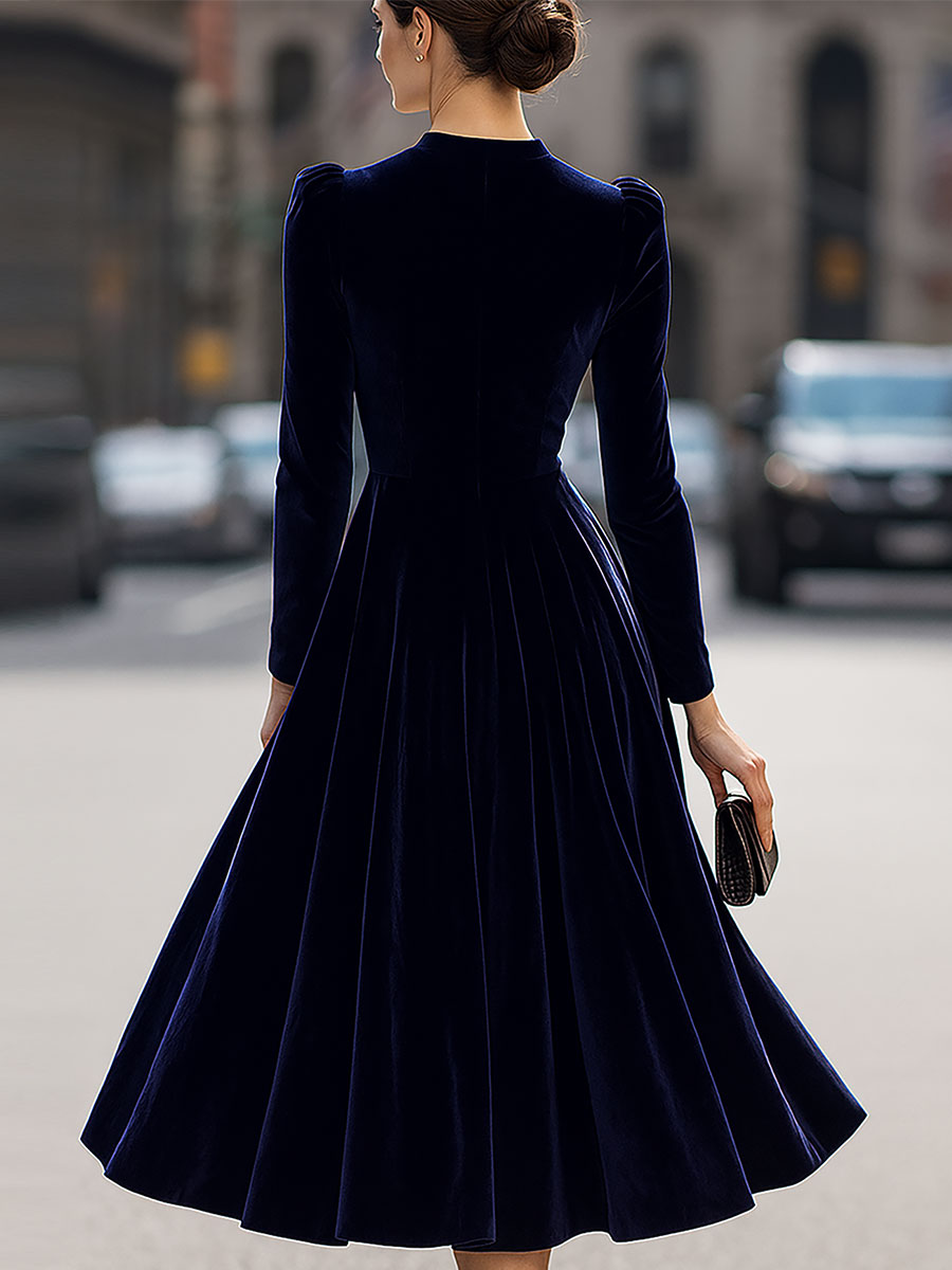 Cordula - Women's Velvet Long-Sleeve A-Line Midi Dress
