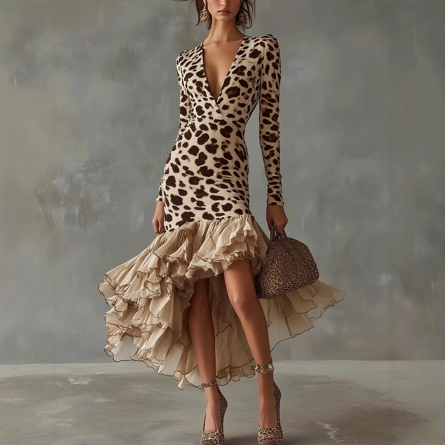 Delaney - Women's Leopard Print Ruffle Midi Dress 1