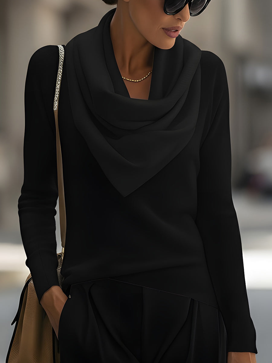 Delphine - Women's Draped Cowl Neck Ribbed Knit Top