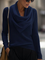 Delphine - Women's Draped Cowl Neck Ribbed Knit Top