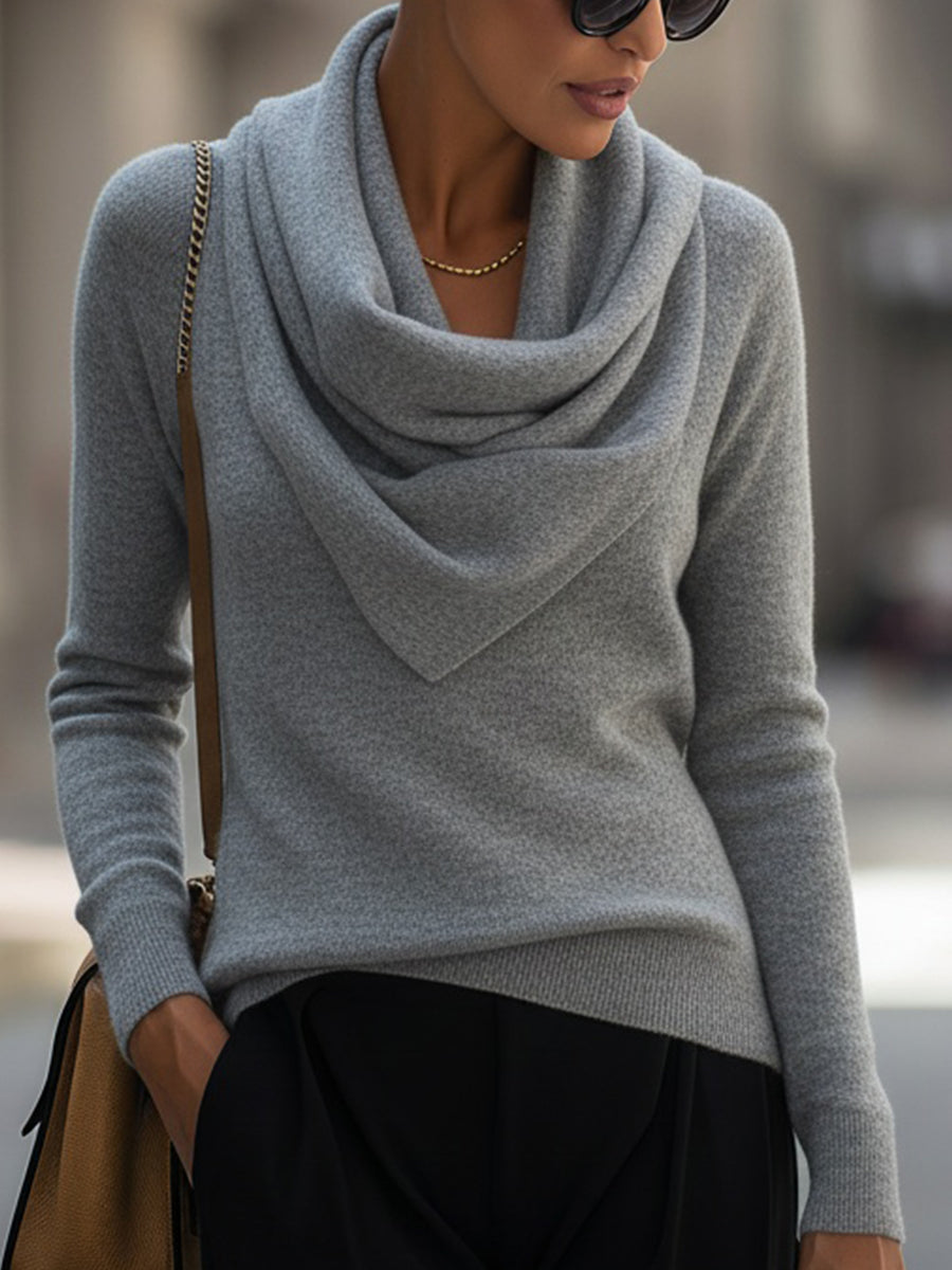Delphine - Women's Draped Cowl Neck Ribbed Knit Top