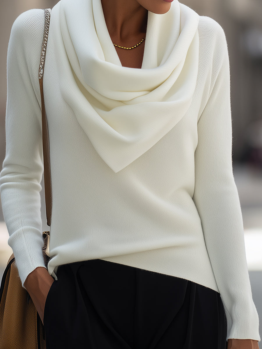 Delphine - Women's Draped Cowl Neck Ribbed Knit Top