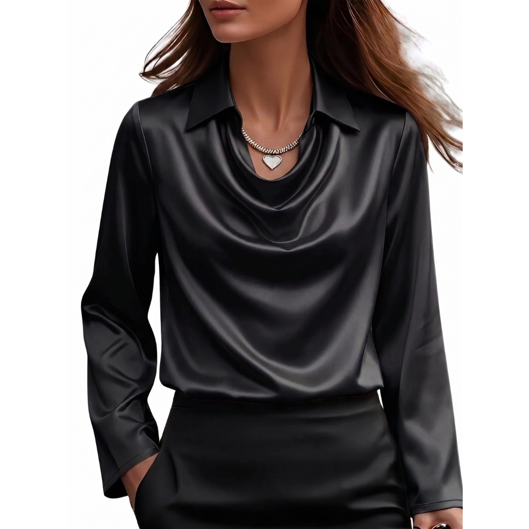 Dionne - Women's Satin Cowl-Neck Blouse with Long Sleeves