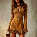 Eden - Women's Suede Half-Zip Bodycon Boho Mini Dress 1