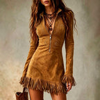 Eden - Women's Suede Half-Zip Bodycon Boho Mini Dress 1