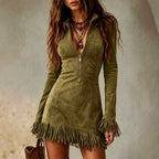 Eden - Women's Suede Half-Zip Bodycon Boho Mini Dress 2