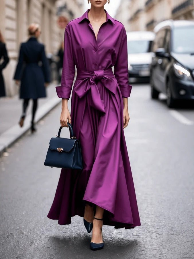 Eileen - Women's Long-Sleeve Collared Maxi Dress with Tie Waist