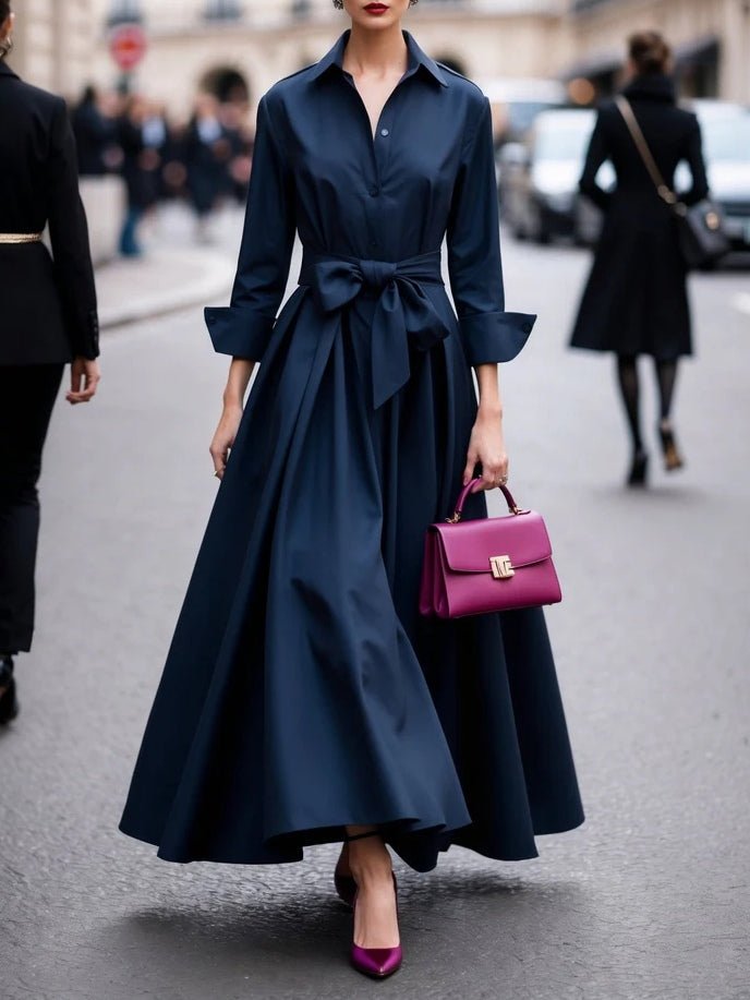 Eileen - Women's Long-Sleeve Collared Maxi Dress with Tie Waist