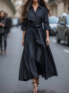 Eileen - Women's Long-Sleeve Collared Maxi Dress with Tie Waist
