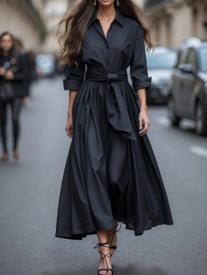 Eileen - Women's Long-Sleeve Collared Maxi Dress with Tie Waist