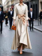 Eileen - Women's Long-Sleeve Collared Maxi Dress with Tie Waist