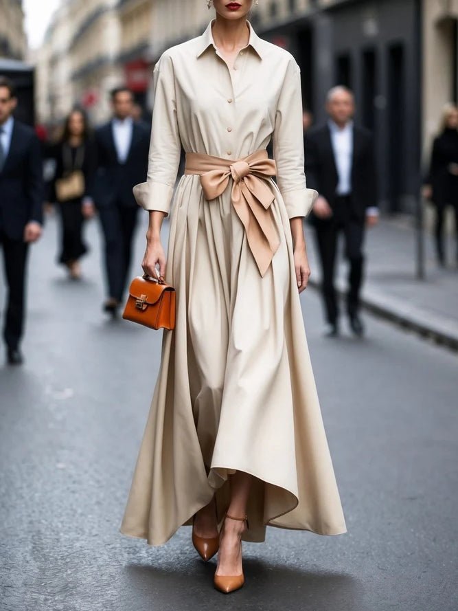 Eileen - Women's Long-Sleeve Collared Maxi Dress with Tie Waist