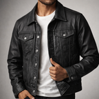 Eithan - Men's Button-Front Leather Jacket with Chest Pockets