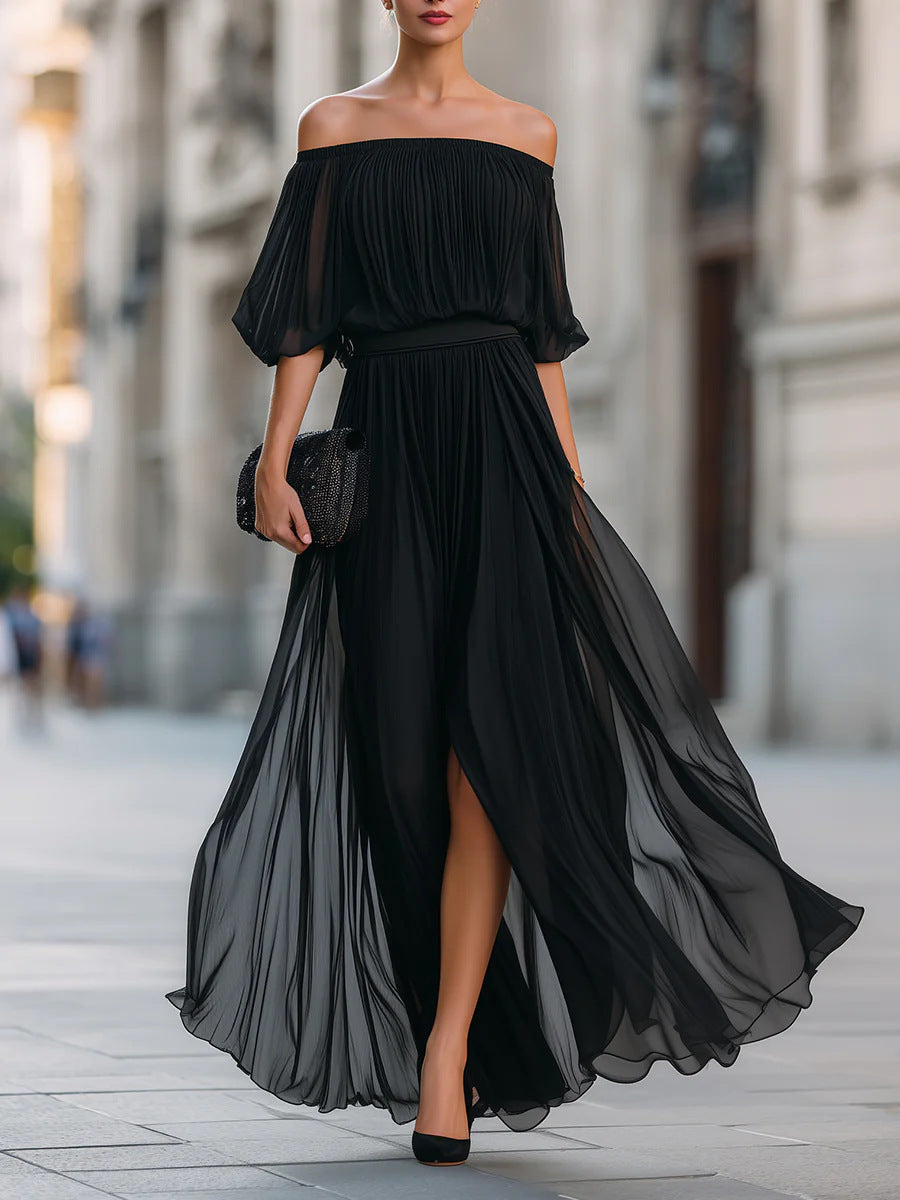 Elena - Women's Off-Shoulder Pleated Maxi Dress 1