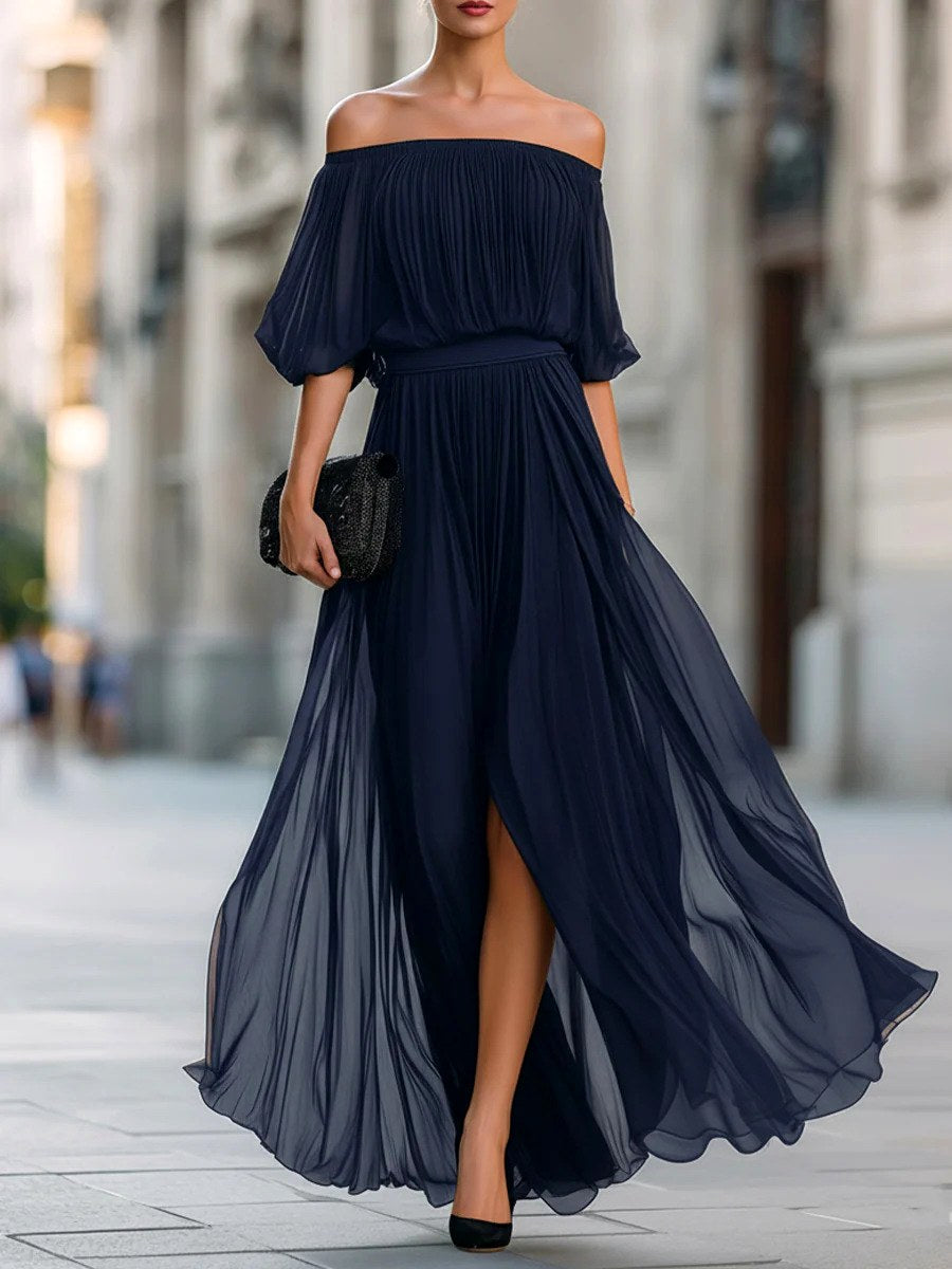 Elena - Women's Off-Shoulder Pleated Maxi Dress 2