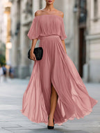 Elena - Women's Off-Shoulder Pleated Maxi Dress 4
