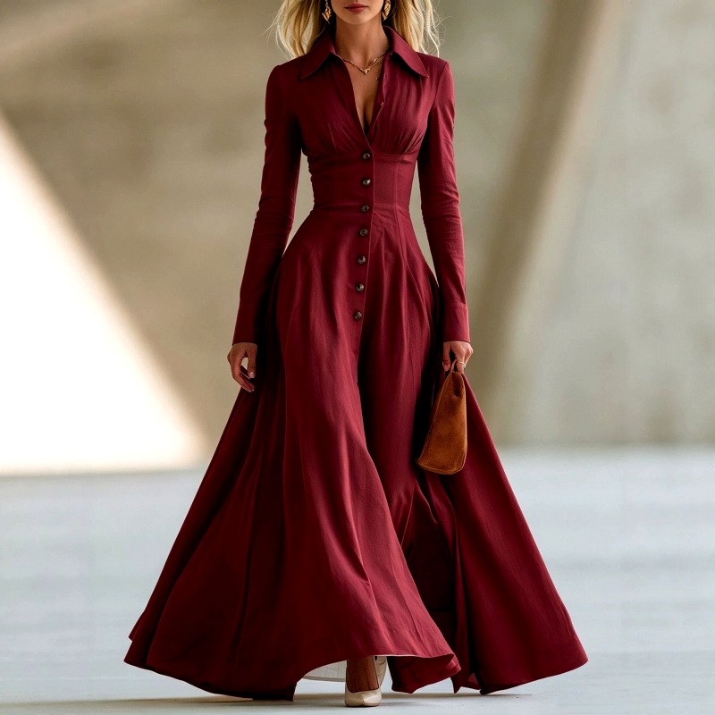 Eline - Women's Collared Long Sleeve Shirt Maxi Dress 3