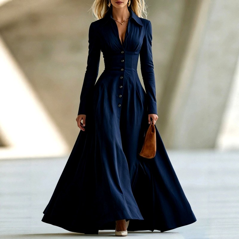 Eline - Women's Collared Long Sleeve Shirt Maxi Dress 4