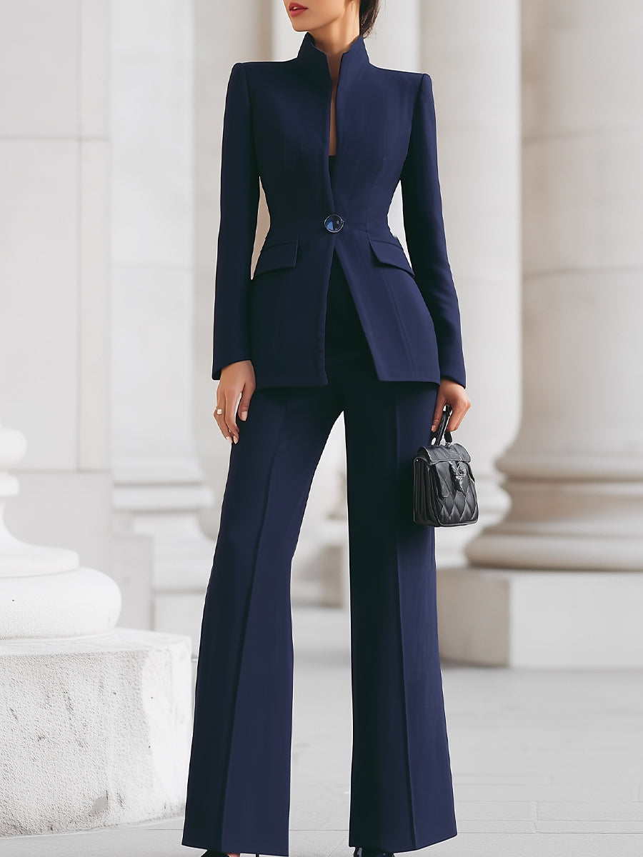 Elizabeth - Women's High-Collar Blazer & Wide-Leg Trousers Set