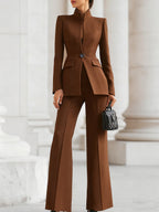 Elizabeth - Women's High-Collar Blazer & Wide-Leg Trousers Set