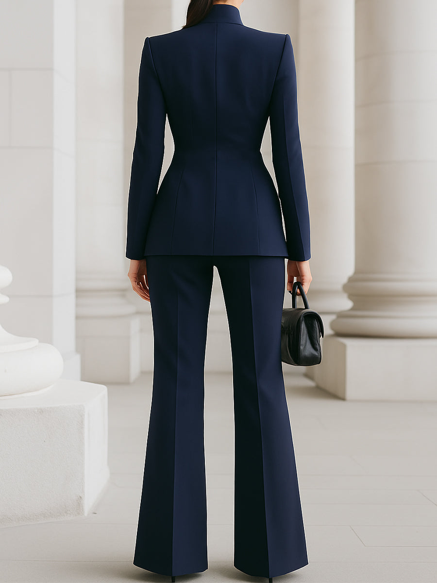 Elizabeth - Women's High-Collar Blazer & Wide-Leg Trousers Set
