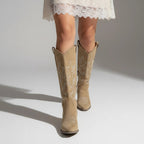 Emma - Women's Embroidered Knee-High Boots with Block Heel