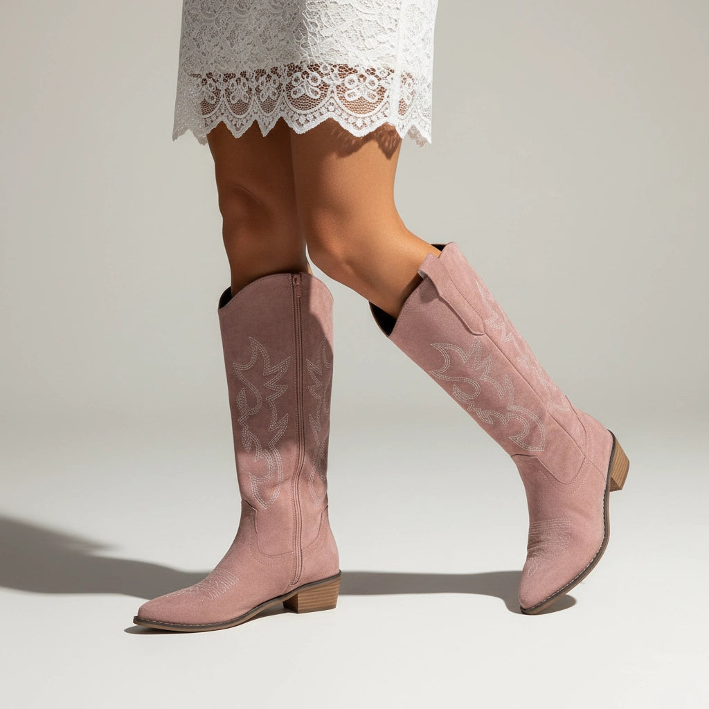 Emma - Women's Embroidered Knee-High Boots with Block Heel
