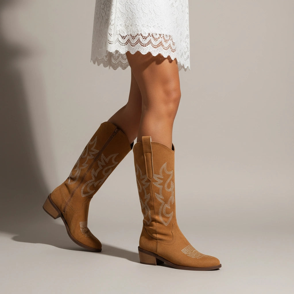 Emma - Women's Embroidered Knee-High Boots with Block Heel