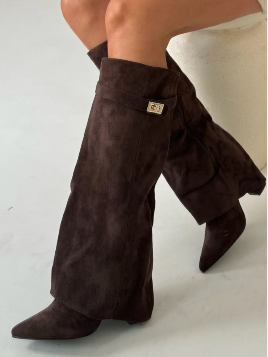Fiona - Women's Buckle Knee-High Boots with Wide Flare Cuff