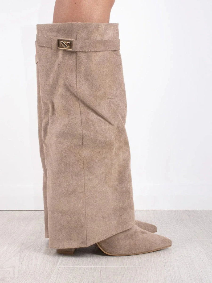 Fiona - Women's Buckle Knee-High Boots with Wide Flare Cuff